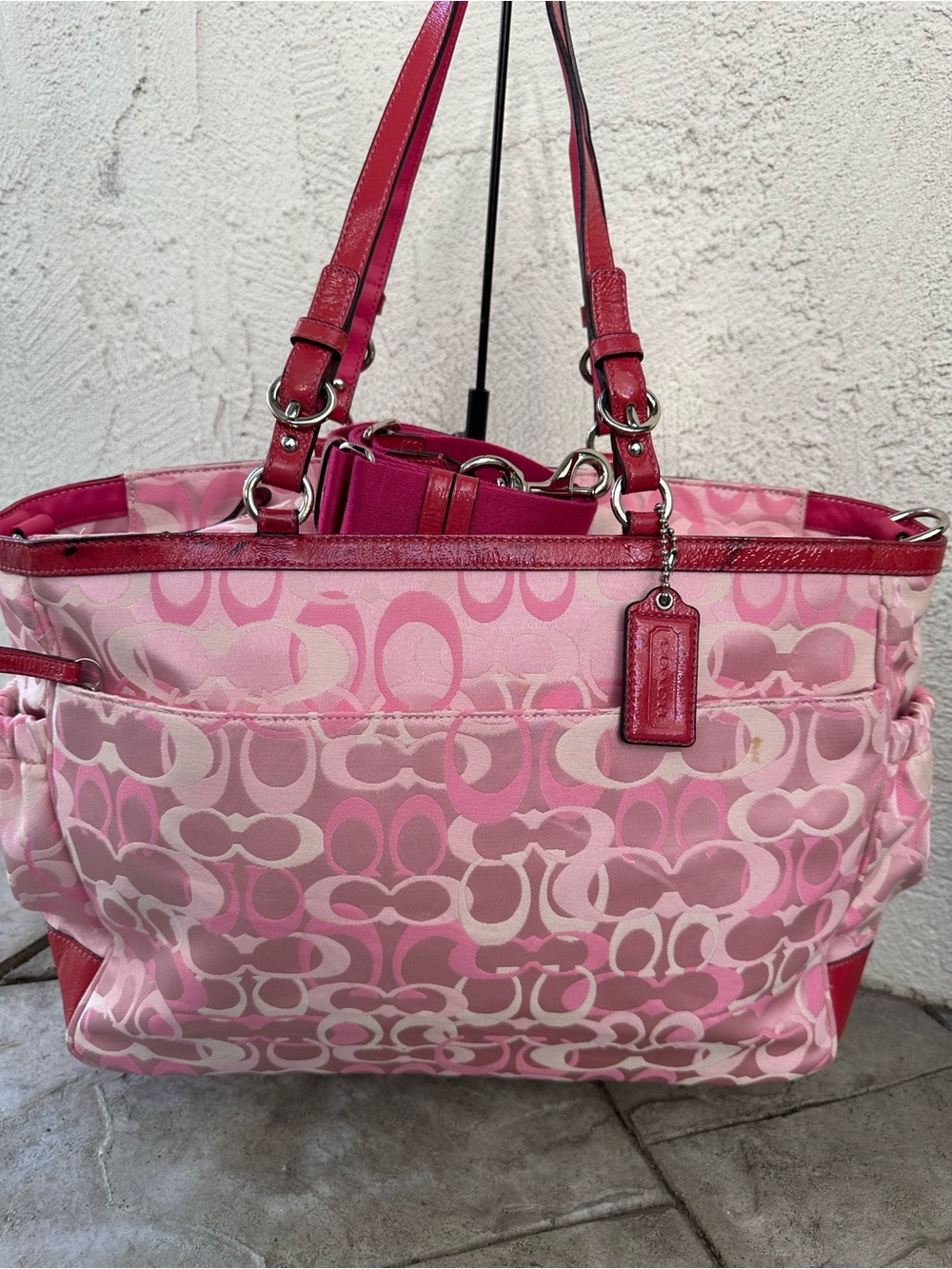 Coach Y2K Pink Signature Diaper Bag Tote with Hot Pink Patent LeatherTrim 2010